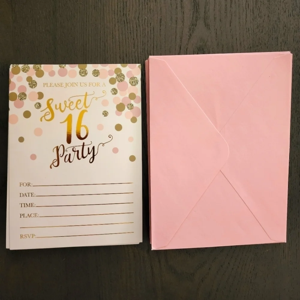 Sweet 16 birthday party invitations pink and gold (18 invitations/19 envelopes)